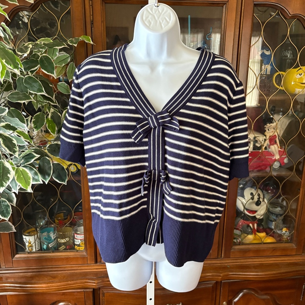 Nautical Costal Grandma Beachy Cotton Blend Navy Blue White Striped Sweater Sz M